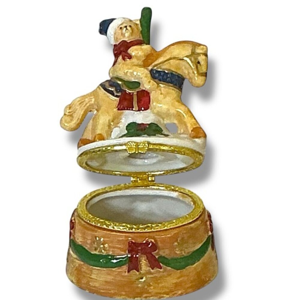 Vintage Hand Painted Trinket Box Hinged Christmas Santa Bear Carousel Horse 1990 - Picture 9 of 16